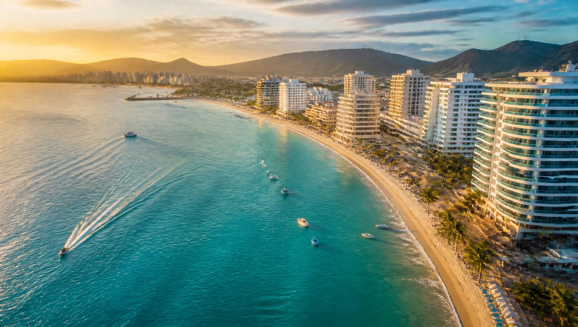 Aerial view of Salinas, Ecuador coast at golden hour